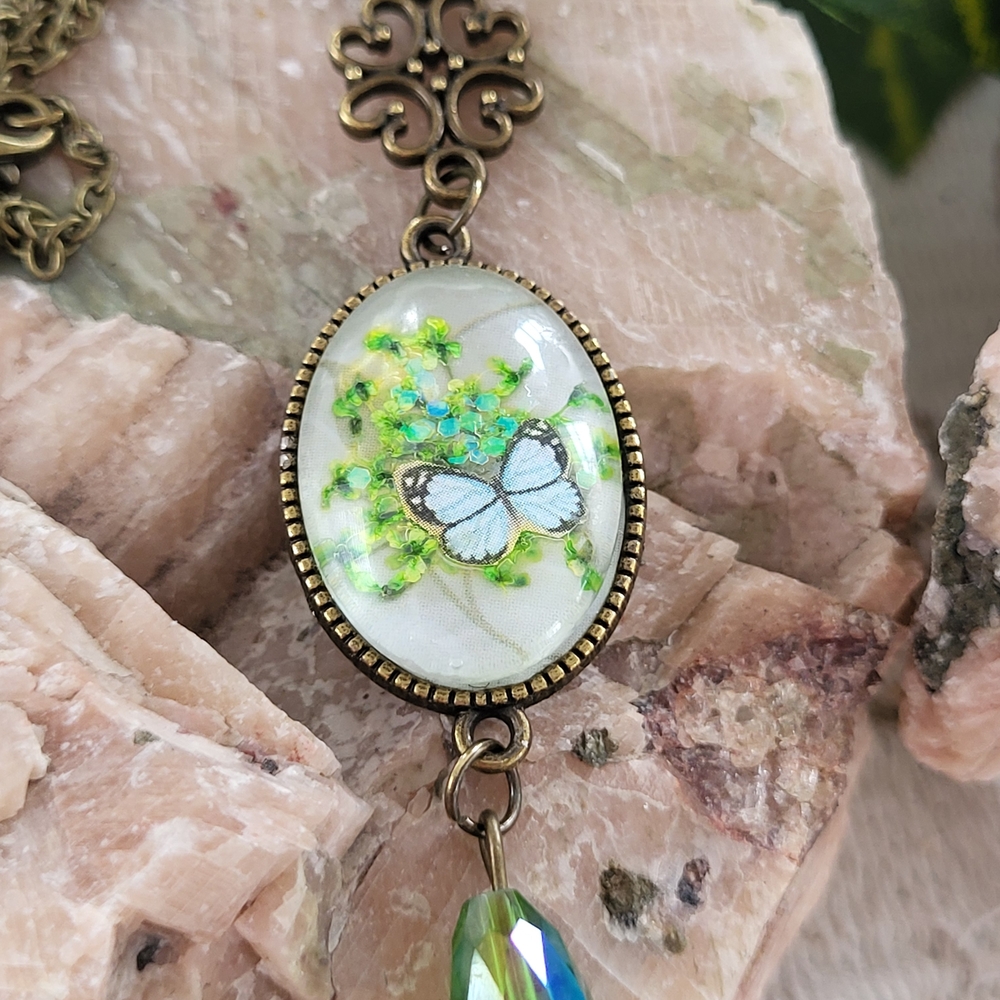 Elegant Brass Victorian Inspired Butterfly Floral Pendant Necklace